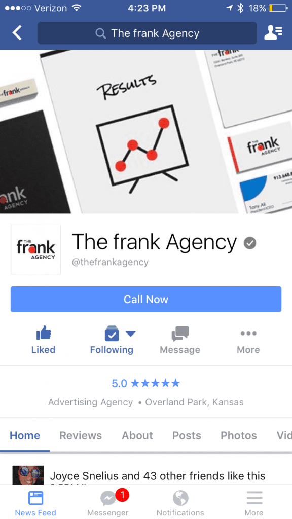 The frank Agency Facebook Page layout changes on mobile