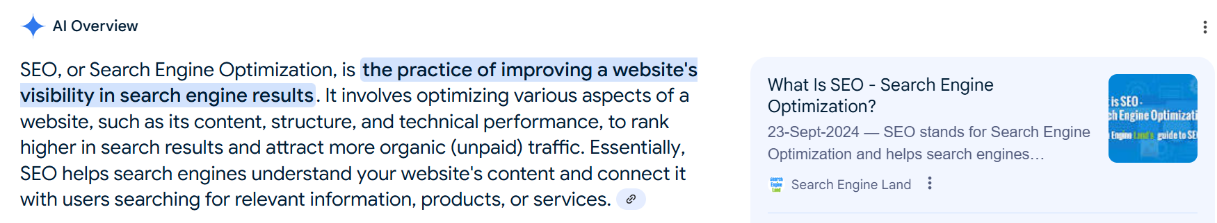 Google AI Overview result for the query, “What is SEO?”